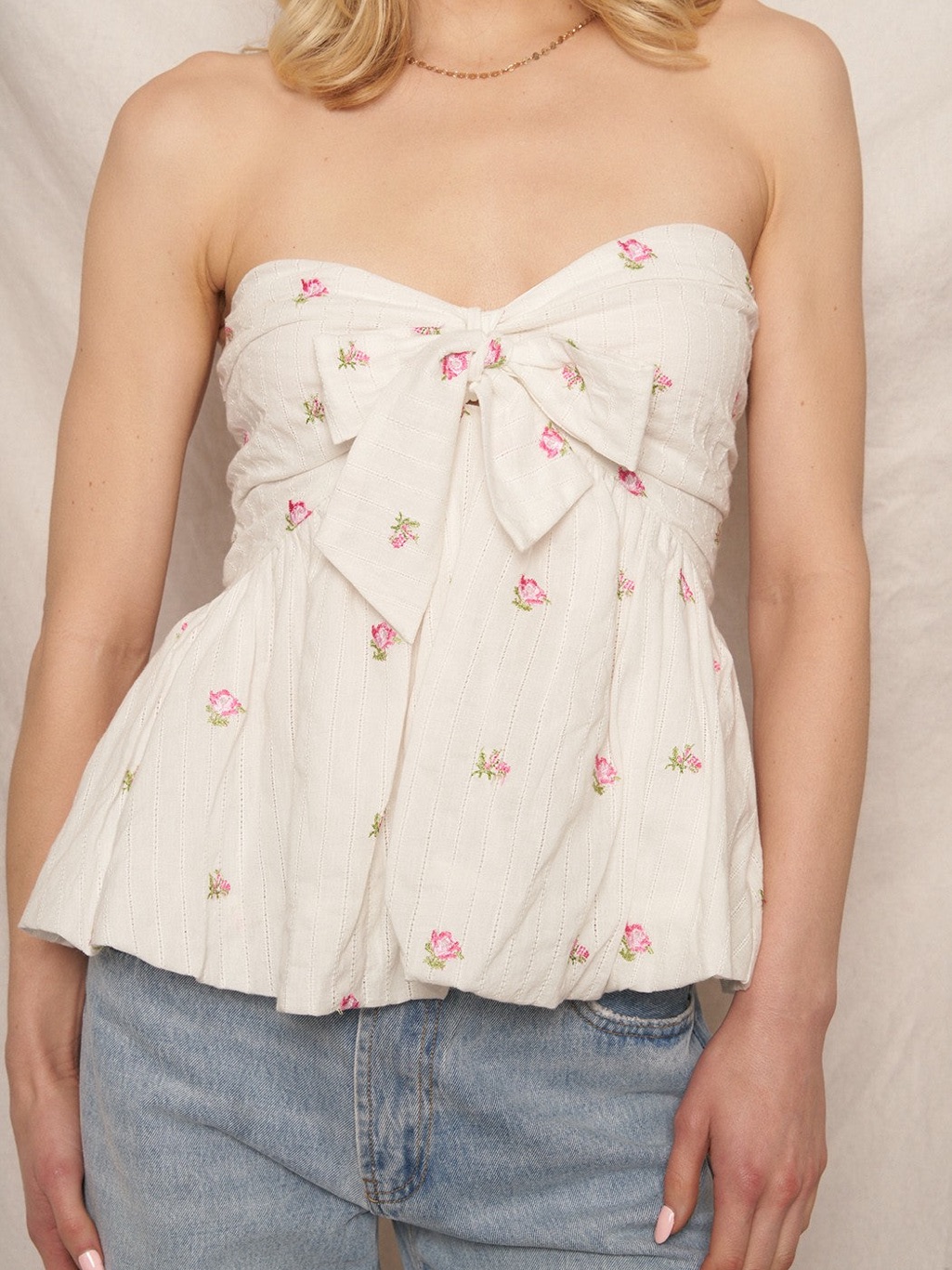 En Creme White Floral Embroidered Strapless Bow Tube Top Bubble Hem Size M